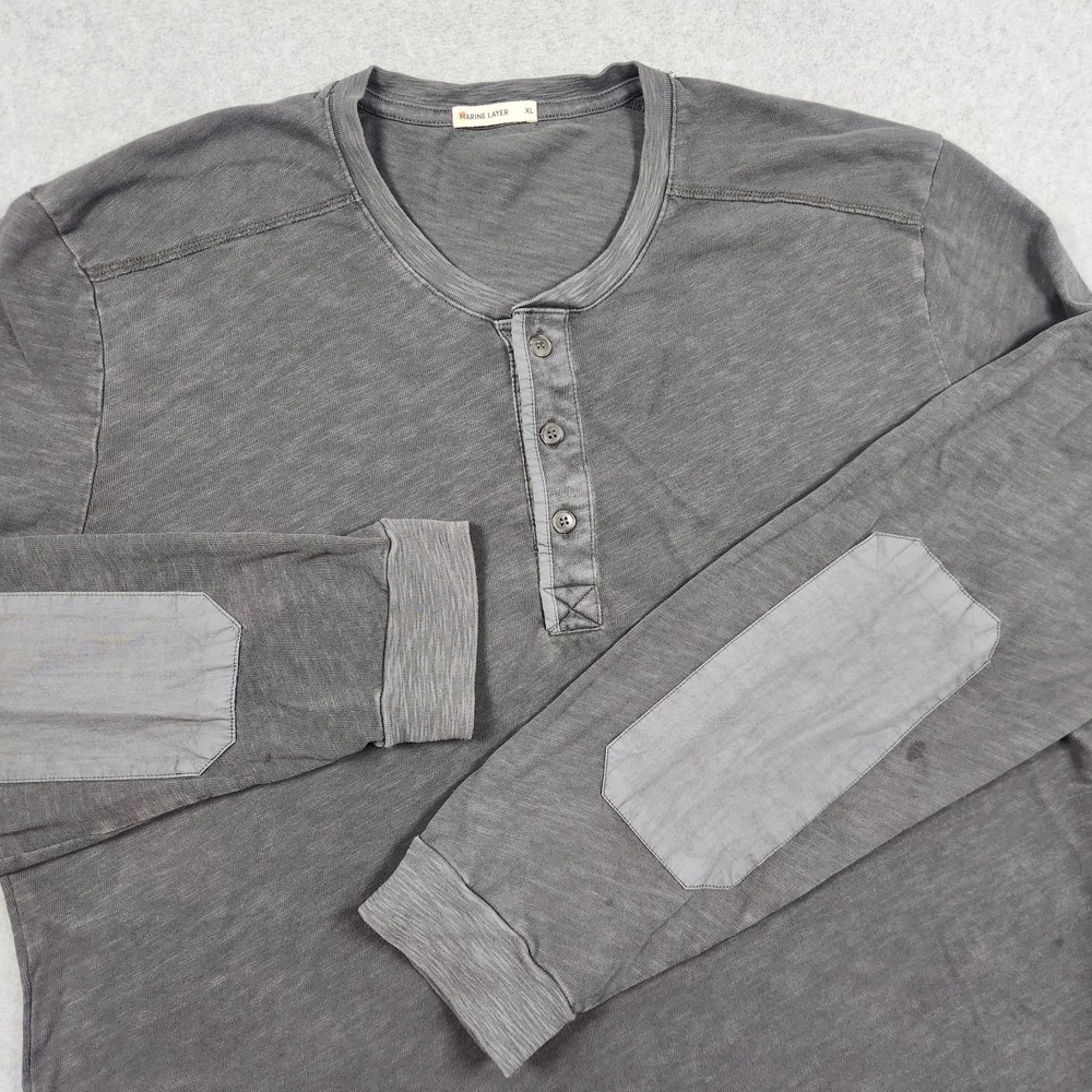 Marine Layer Shirt Mens XL Gray Long Sleeve Henley Elbow‎ Patches Stretch